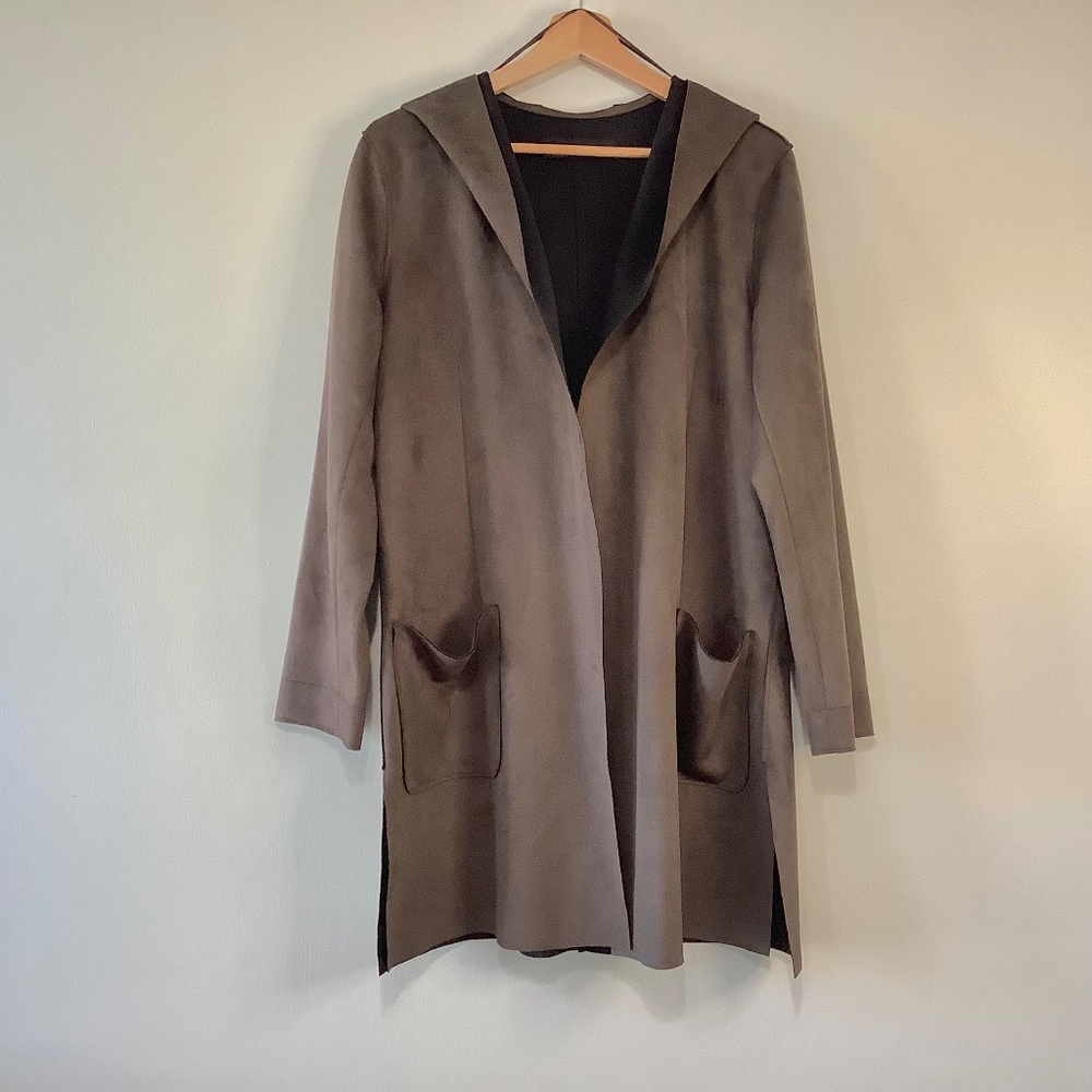 Zara Faux Suede Long Wrap Coat Olive Green Tan Oversized Hood Double Sided